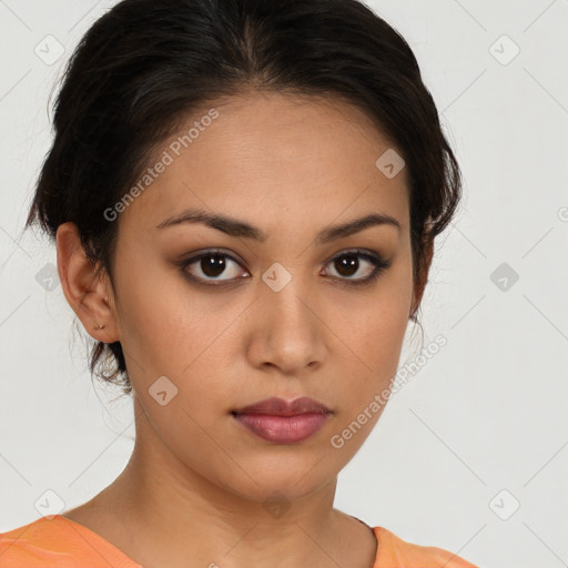 Neutral white young-adult female with medium  brown hair and brown eyes