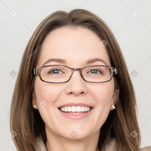 Joyful white young-adult female with long  brown hair and blue eyes