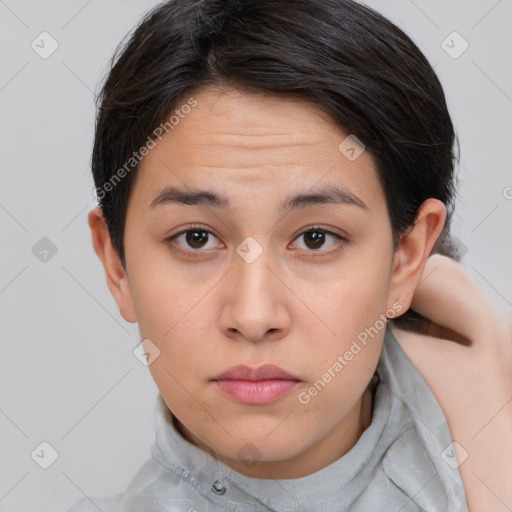 Neutral white young-adult female with medium  brown hair and brown eyes
