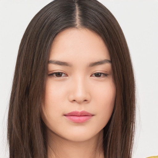 Neutral asian young-adult female with long  brown hair and brown eyes