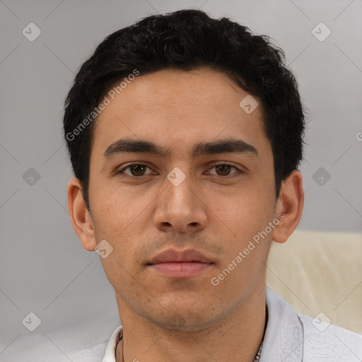 Neutral white young-adult male with short  black hair and brown eyes