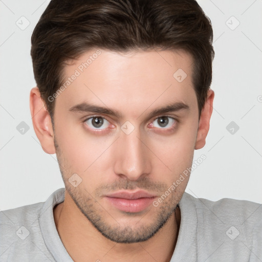 Neutral white young-adult male with short  brown hair and brown eyes