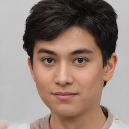 Neutral asian young-adult male with short  brown hair and brown eyes