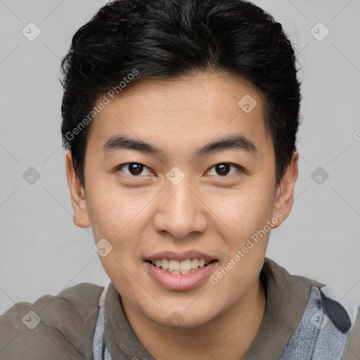 Joyful latino young-adult male with short  brown hair and brown eyes