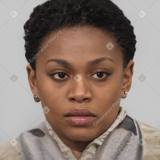 Neutral black young-adult female with short  brown hair and brown eyes