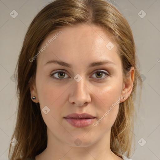 Neutral white young-adult female with medium  brown hair and grey eyes