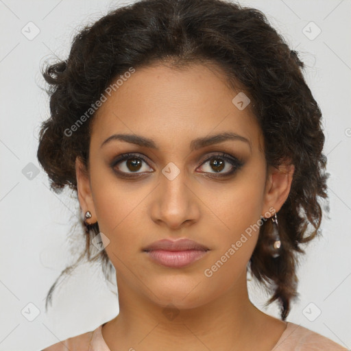 Joyful latino young-adult female with medium  brown hair and brown eyes