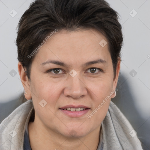 Joyful white adult female with short  brown hair and brown eyes