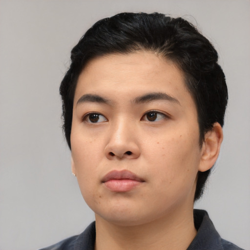 Neutral asian young-adult female with short  black hair and brown eyes