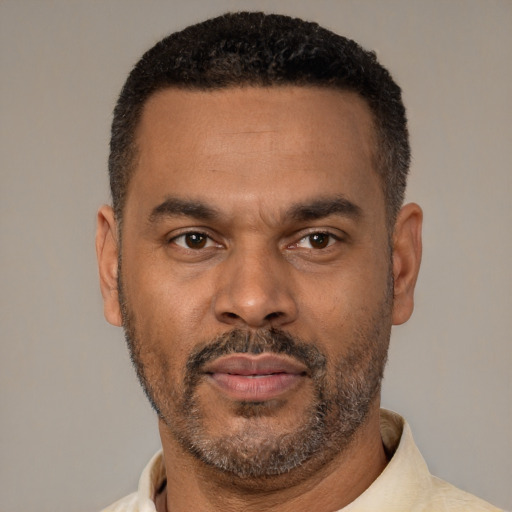 Neutral black adult male with short  brown hair and brown eyes