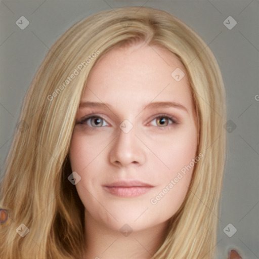 Neutral white young-adult female with long  blond hair and brown eyes