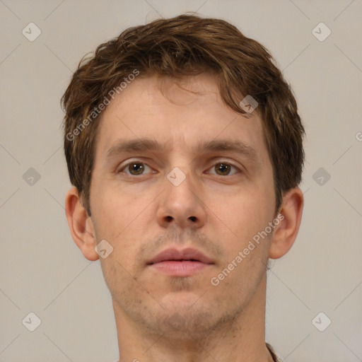 Neutral white young-adult male with short  brown hair and brown eyes