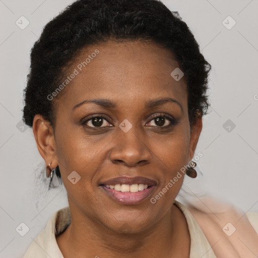 Joyful black adult female with short  brown hair and brown eyes