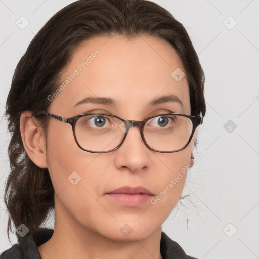 Neutral white young-adult female with medium  brown hair and brown eyes