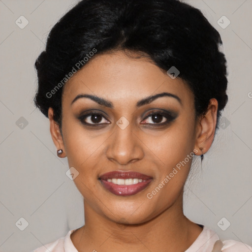 Joyful latino young-adult female with short  black hair and brown eyes