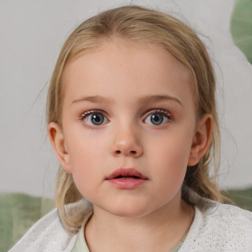 Neutral white child female with medium  brown hair and blue eyes