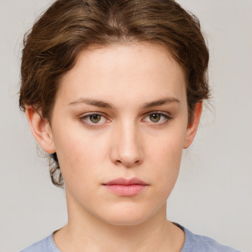 Neutral white young-adult female with short  brown hair and brown eyes