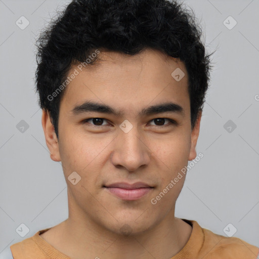 Joyful latino young-adult male with short  brown hair and brown eyes