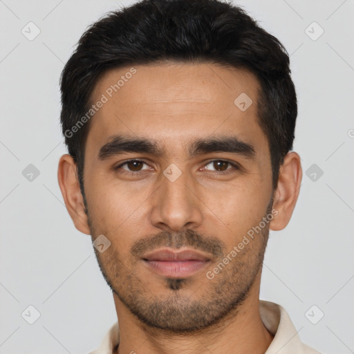 Neutral asian young-adult male with short  black hair and brown eyes