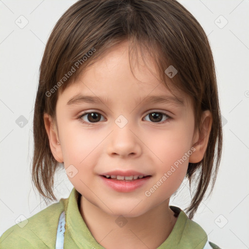 Joyful white child female with medium  brown hair and brown eyes