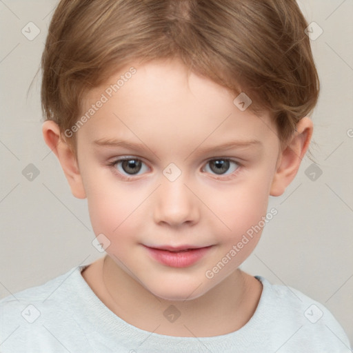 Joyful white child female with short  brown hair and brown eyes