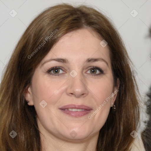 Joyful white adult female with medium  brown hair and brown eyes