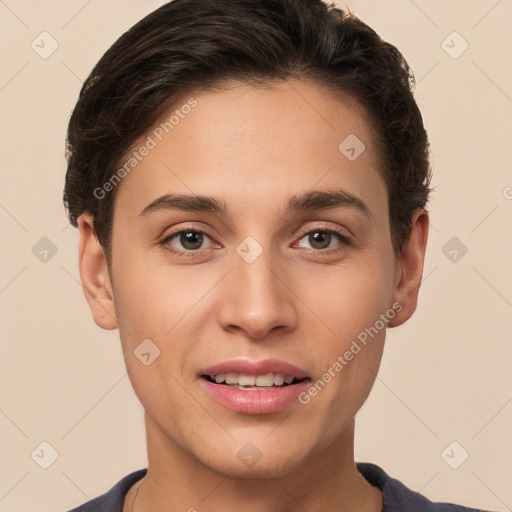 Joyful white young-adult female with short  brown hair and brown eyes