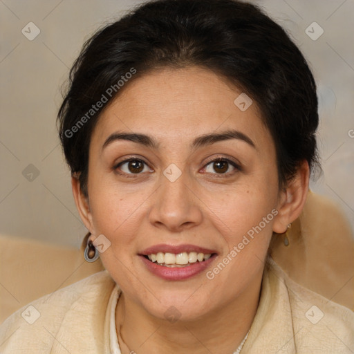 Joyful white adult female with medium  brown hair and brown eyes