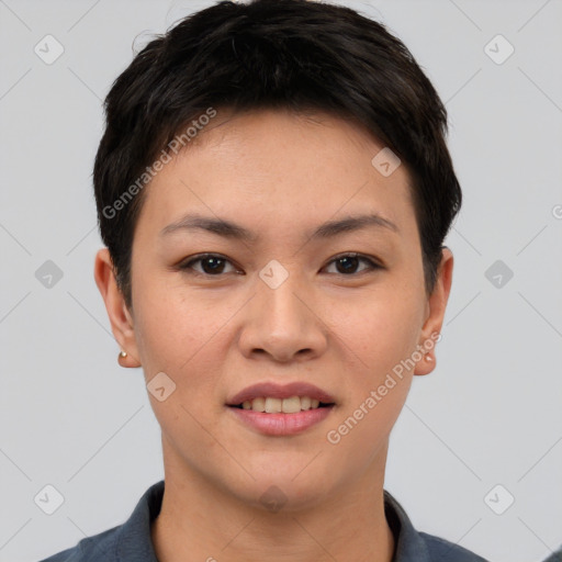 Joyful asian young-adult female with short  brown hair and brown eyes