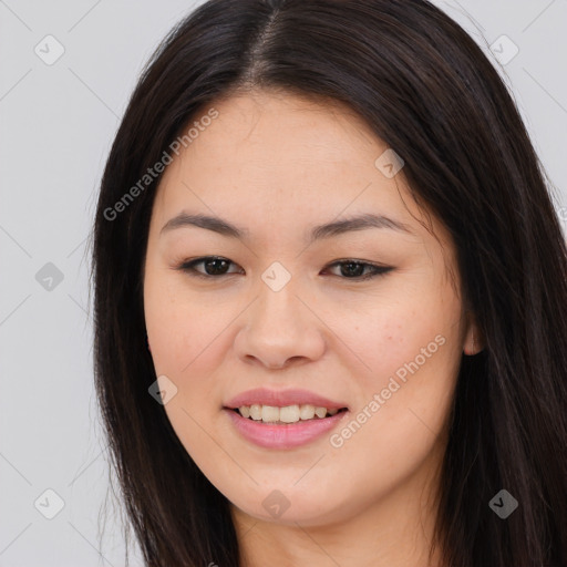 Joyful asian young-adult female with long  brown hair and brown eyes