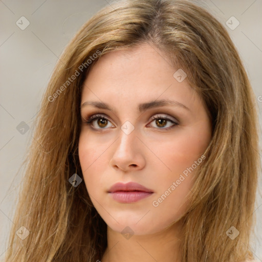 Neutral white young-adult female with long  brown hair and brown eyes