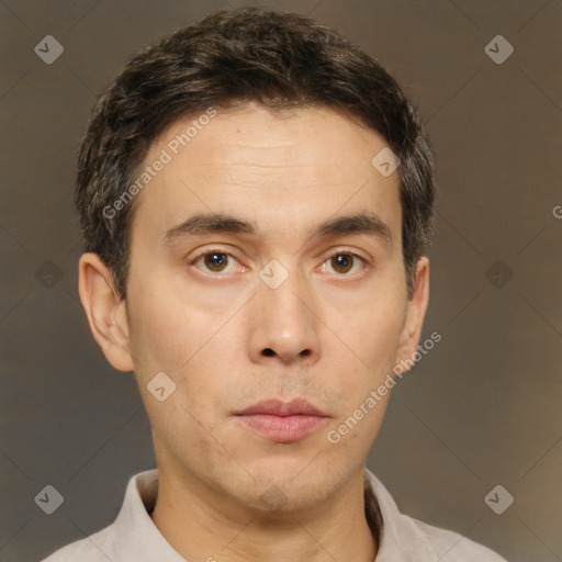 Neutral white adult male with short  brown hair and brown eyes