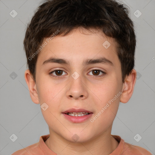 Joyful white child male with short  brown hair and brown eyes