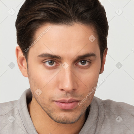 Neutral white young-adult male with short  brown hair and brown eyes