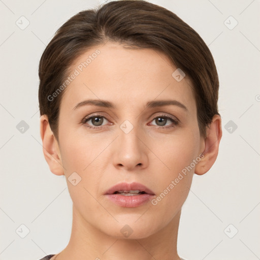 Neutral white young-adult female with short  brown hair and brown eyes