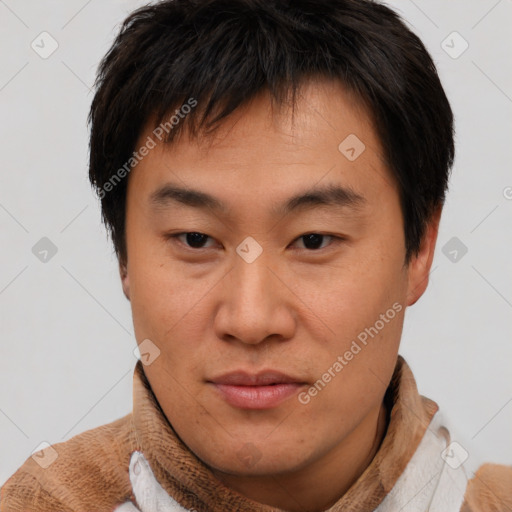 Neutral asian young-adult male with short  brown hair and brown eyes