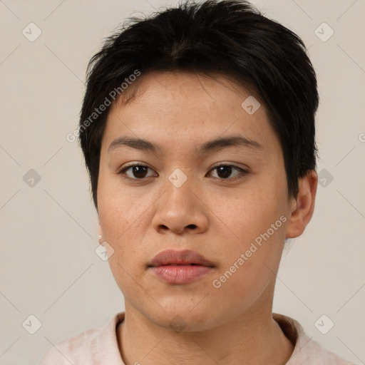 Neutral asian young-adult female with short  brown hair and brown eyes