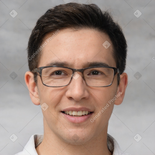 Joyful white adult male with short  brown hair and brown eyes