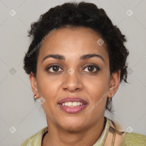 Joyful latino young-adult female with short  brown hair and brown eyes