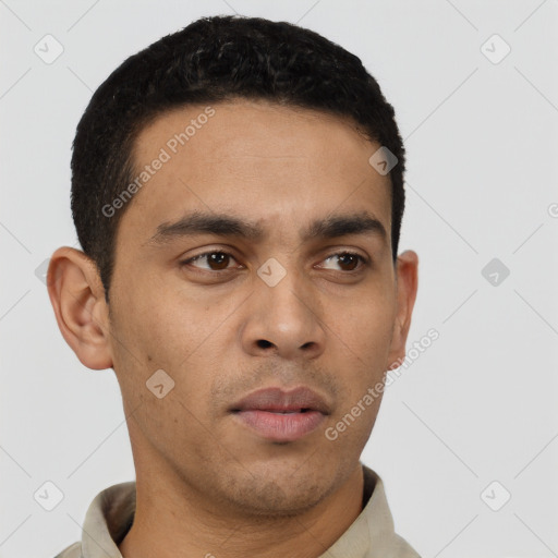 Neutral latino young-adult male with short  black hair and brown eyes
