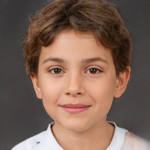 Joyful white child female with short  brown hair and brown eyes