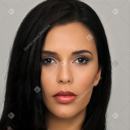 Neutral latino young-adult female with long  black hair and brown eyes