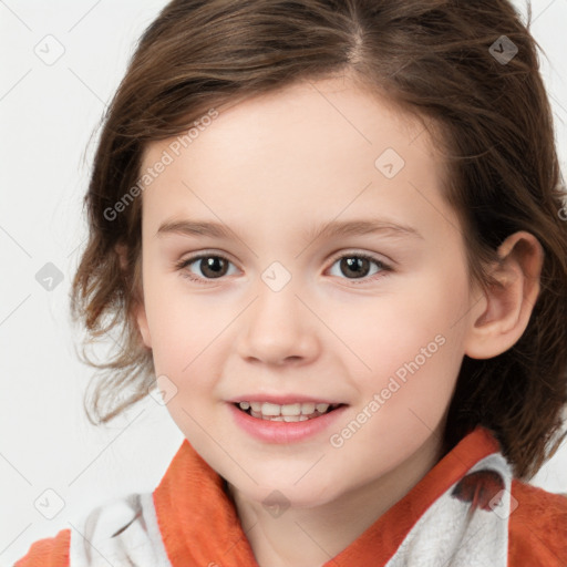 Joyful white child female with medium  brown hair and brown eyes