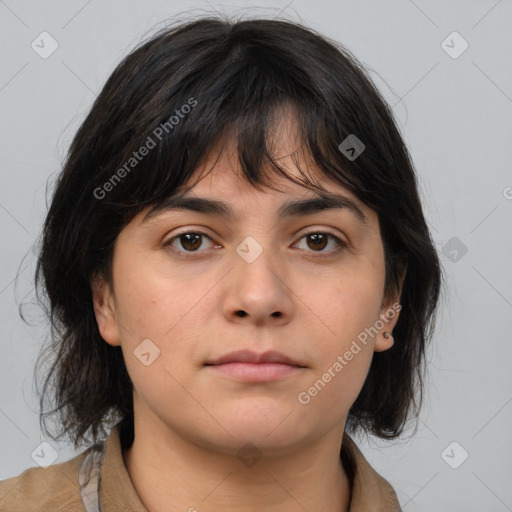 Neutral white young-adult female with medium  brown hair and brown eyes