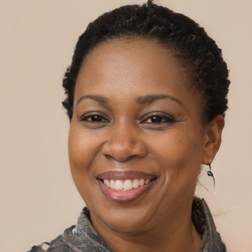 Joyful black adult female with short  black hair and brown eyes