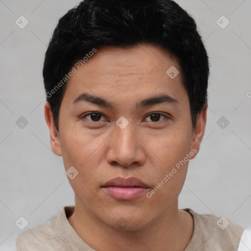Neutral asian young-adult male with short  black hair and brown eyes