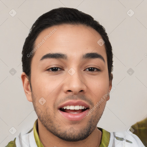 Joyful white young-adult male with short  brown hair and brown eyes