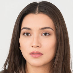 Neutral asian young-adult female with long  brown hair and brown eyes