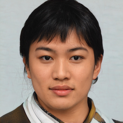 Neutral asian young-adult female with short  black hair and brown eyes