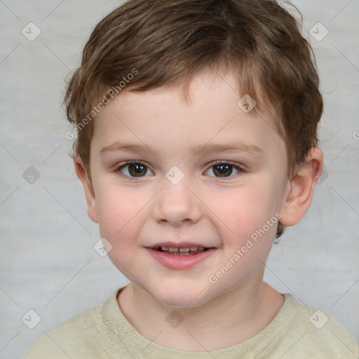 Joyful white child male with short  brown hair and brown eyes